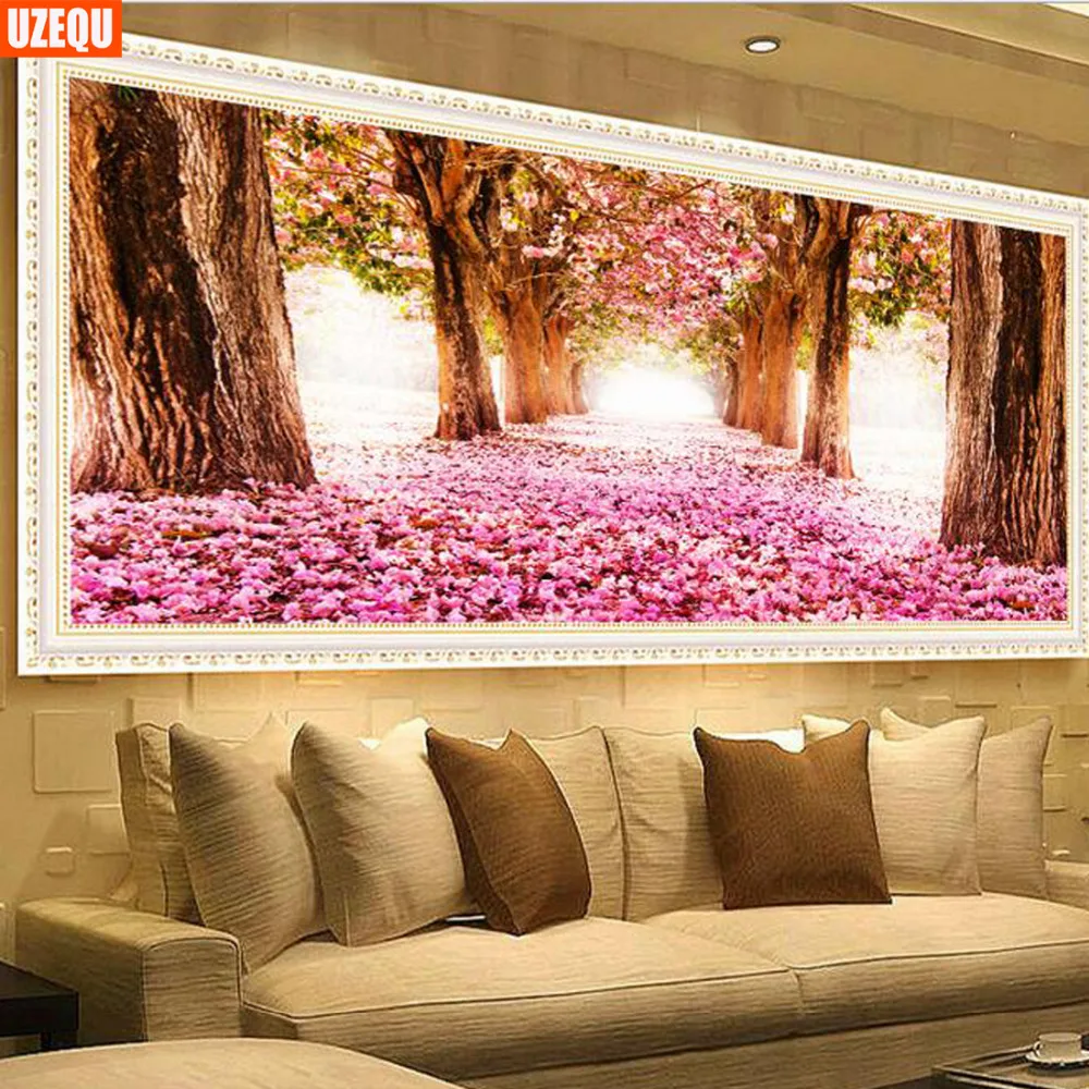 

UzeQu DIY Diamond Painting Cross Stitch Sakura Landscape Diamond Embroidery Round Diamond Mosaic Painting Rhinestones Needlework