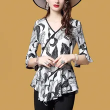 Летняя новая женская шифоновая рубашка с v-образным вырезом, модный топ с принтом, Повседневная рубашка первоклассника, женские темпераментные топы, большие размеры, S-3XL