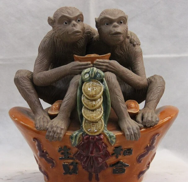 fast shipping USPS to USA S0804 China pottery WuCai Porcelain Blessing Yuan Bao Wealth Money Two Monkey Statue | Дом и сад