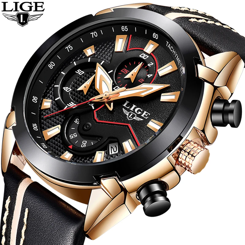 Relogio Masculino LIGE Модные Спортивные Хронограф Мужские наручные часы с кожаным