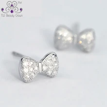 925 стерлингового серебра милые AAA австрийский кристалл белый CZ микроинкрустации Маленький Бант Серьги гвоздики для женщин девочек модные ювелирные изделия