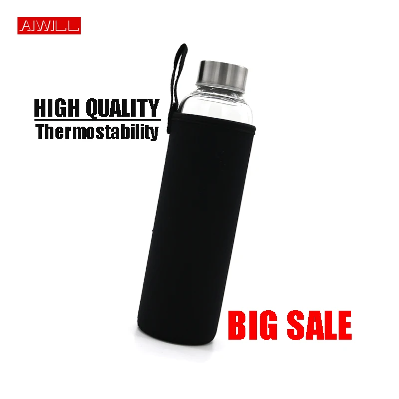 AIWILL Hot Selling Glass Sport Water Bottle With Protective Bag 280ml / 360ml / 550ml Fruit Outdoor Bike Bottles High Quality