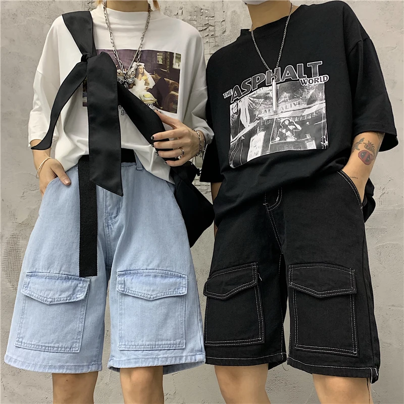 

Plus Size Baggy Loose Straight Cargo Pocket Jogger Knee Denim Pant Summer Korean Women Man Streetwear Wide Short Jeans Harajuku