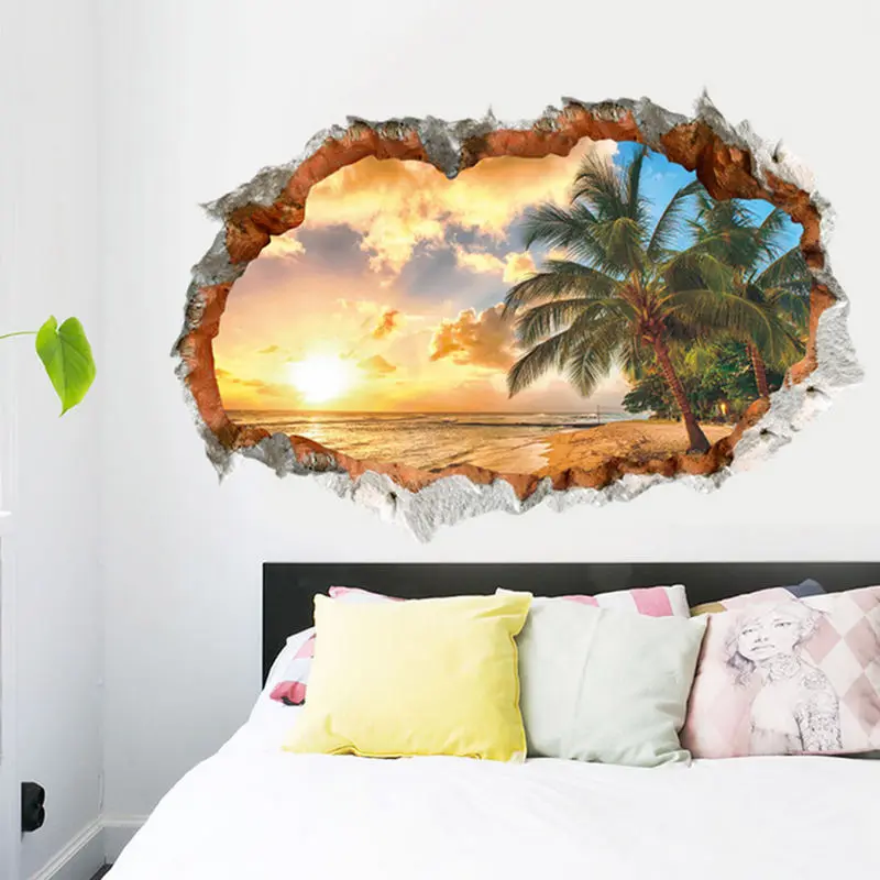 JX-LCLYL Removable Sunshine Beach 3D Window View Wall Art Sticker Vinyl Decal Mural Decor
