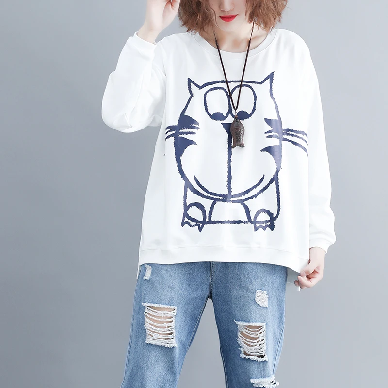 

2018 Autumn Women Casual T-shirt Winter Female Clothing Plus Size Elegant Loose O-neck Cute Cat Print Black White Tshirt Tops