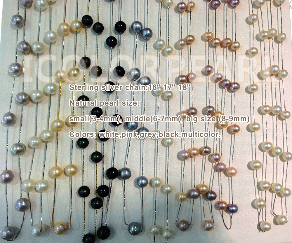 

WEICOLOR Wholesale(6pcs/lot)All-Star 3.5-9mm White/Pink/Grey/Black Nearround Natural Freshwater Pearl Necklace ,Silver Chain