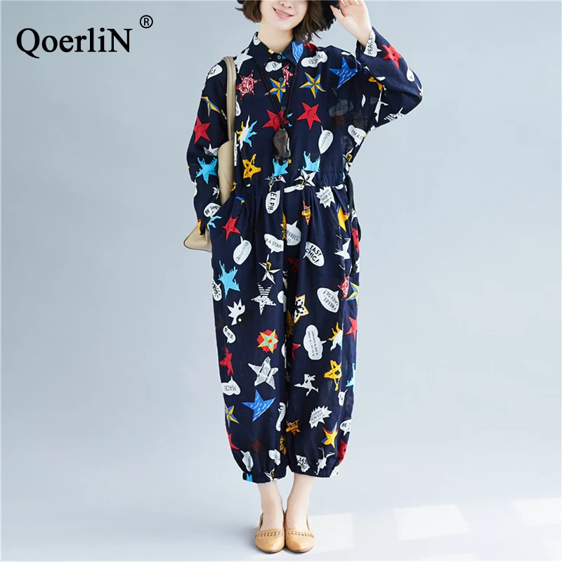 

QoerliN Harajuku Graffiti Long Jumpsuits Women Long Sleeve Elastic Waist Wide Leg Harem Pants Female Large Size Oversize Romper