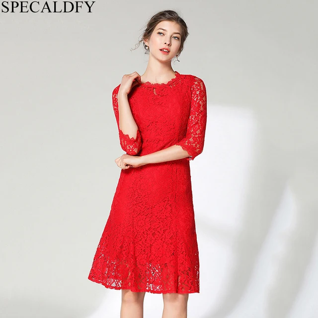 Spring Runway Designer Dresses Party Elegant Red Lace Dress Women High
