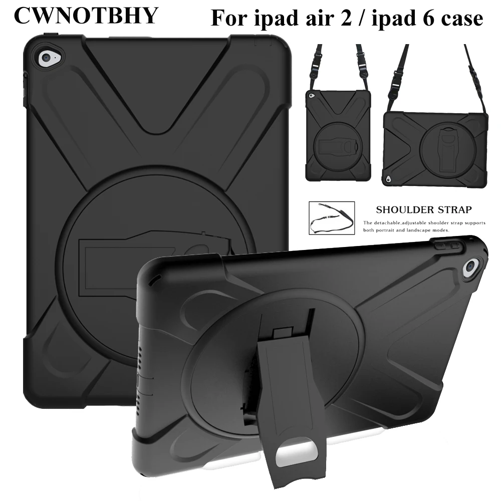 

Case For apple ipad air 2 Kids Safe Shockproof Heavy Duty Silicone Hard Cover kickstand design case with Shoulder Strap