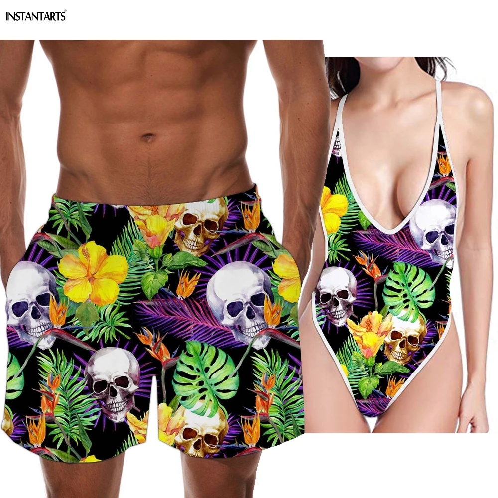 

INSTANTARTS 2019 New Couples Swimming Suits Tropical Leaf Skull Pattern Women One Piece Monokini Men Swim Trunks Bathing Wear