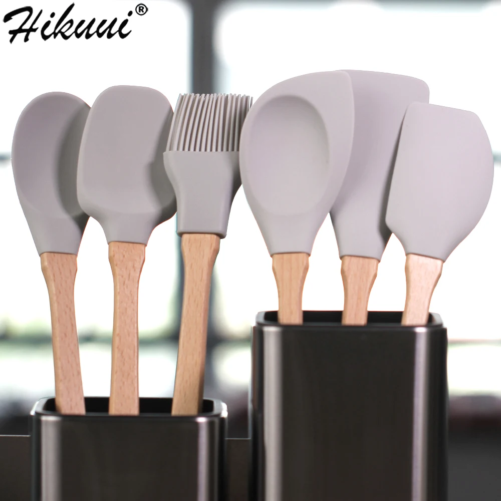 6pc FDA Silicone Grey Cooking Tools Wooden Handle Spoon Spatula Shovel