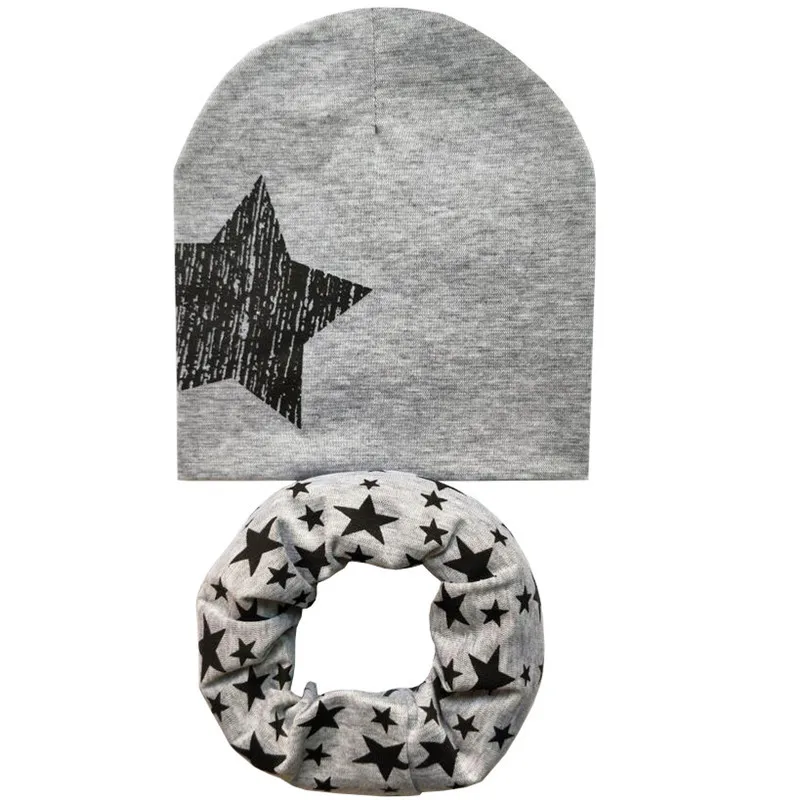 Grey small star set Новая осенне-зимняя детская шапка, комплект для мальчиков и девочек, шарф на шею, весенний теплый шейный платок, детские вязаные шапки, комплекты, хлопковая детская шапка, шарф - Цвет: Grey small star set