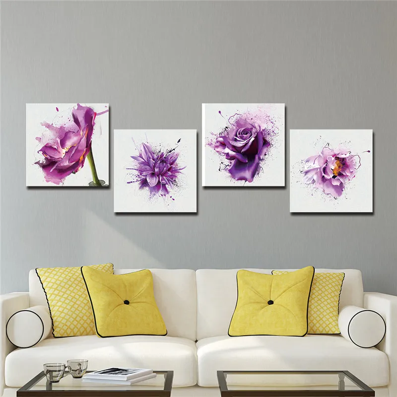 4Pcs/set New Purple Flower Wall Art Painting Prints On Canvas Abstract ...