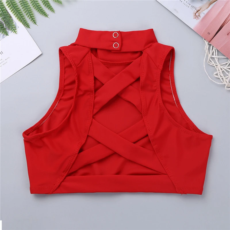 Kid Girls Tank Dance Ballet Crop Top Sleeveless Mock Neck Criss Cross Back Tanks Bra Tops Ballet Dance Sports Bra ballet tops kids dance tops