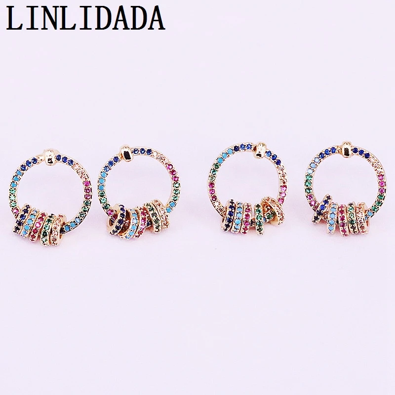 

4Pairs Rainbow Cz Zirconia Micro Pave Gold Color Circle Earring Studs For Women Girls Fashion Multicolor Party Jewelry