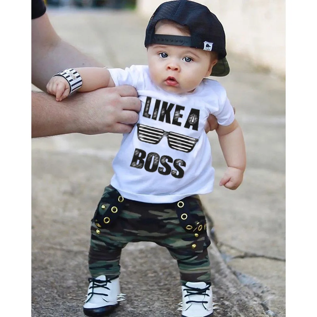 

Toddler Baby Boys Set Like a Boss Letter Short Sleeve Hip Hop Tops T-shirt Camo Pants 2Pcs Outfits Set Kids Clothes Boys