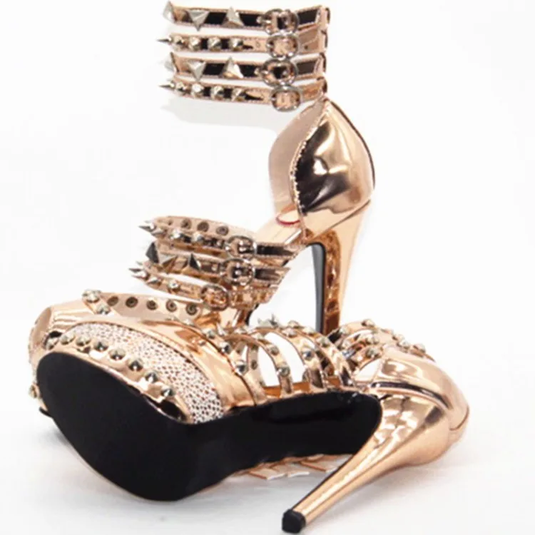 GOOFLORON/Новинка, женские босоножки на высоком каблуке, босоножки с золотыми заклепками, модная женская обувь на высоком каблуке 16 см