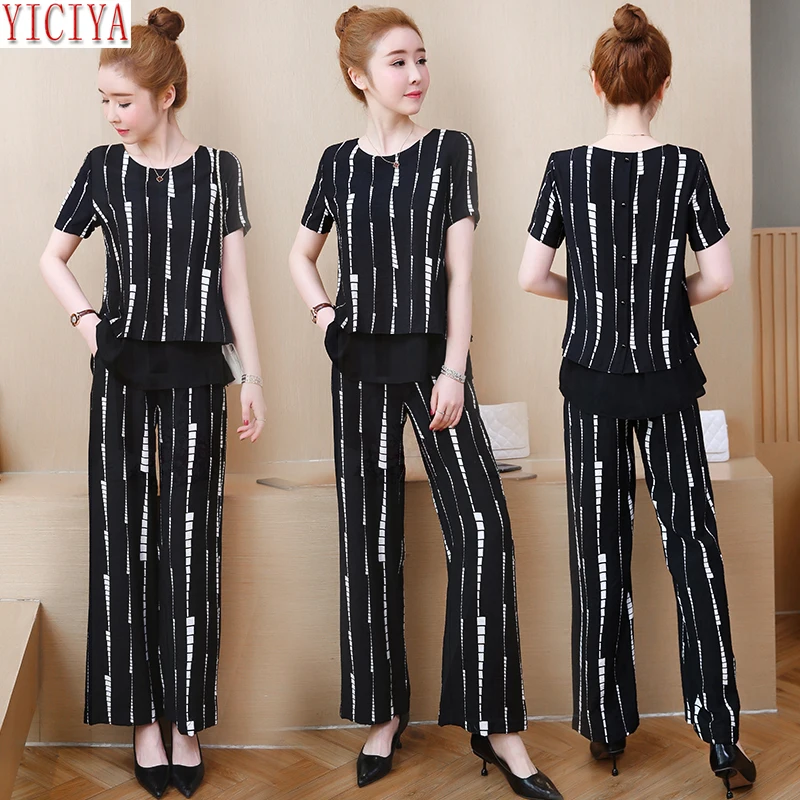 

YICIYA Plus Size Large 2 Piece Wide Pants Set and Top Co-ord Set Tracksuits for Women Outfits 2019 Summer Black Striped Clothing