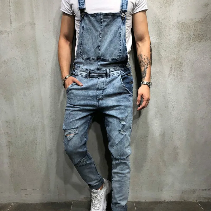 

2019 Spring men's Denim Jumpsuits worn men's Skinny Biker jeans Fashion Ripped Rompers Denim Pant A037