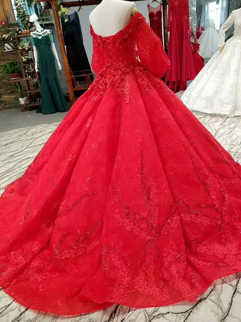 Роскошные Красные кружевные цветы Свадебные платья Пышные одежда с длинным рукавом, большая юбка волны Юбка-американка в том числе новый