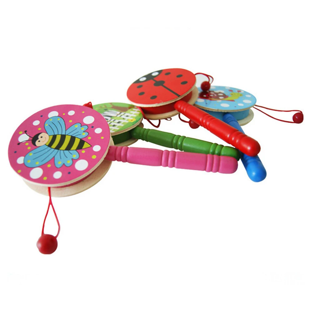 1pcs Wooden Rattle Pellet Drum Cartoon Musical Instrument Toy For Child