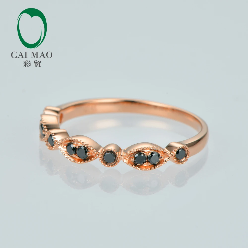 Caimao 14KT Rose Gold 0.15ct Natural Black Diamond Milgrain Design Engagement Wedding Band for Womens