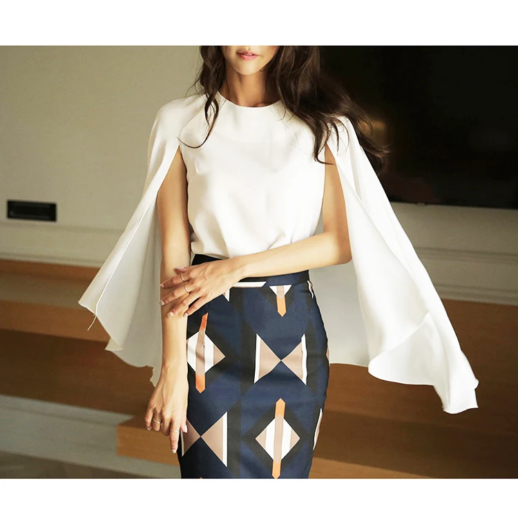 

High Quality Spring Summer Two Piece Set Women Cloak Sleeve White Blouses Tops OL Printing Skirt Suits 2 Piece Set Women SL239