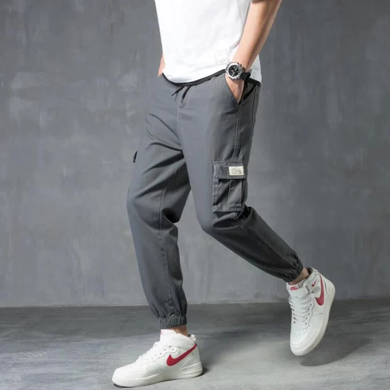 Hip hop overalls cotton band foot no elastic tether mid waist multi-pocket solid color loose nine points trousers free shipping