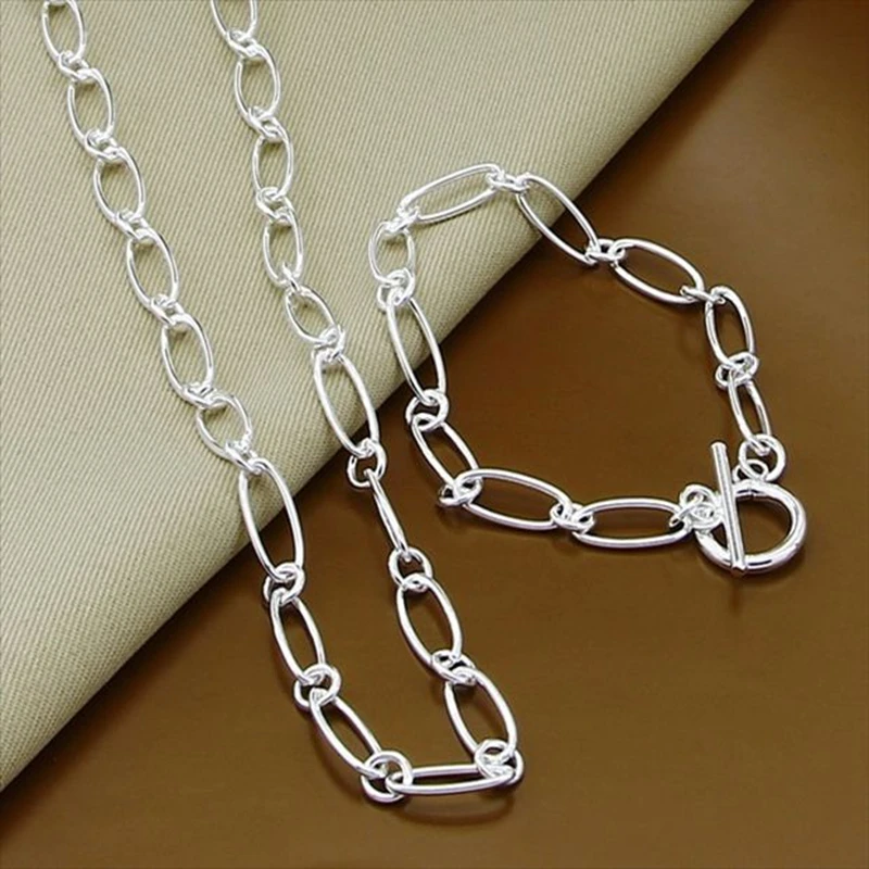 

925 Sterling Silver Fashion Simple Round Circle Jewelry Sets Necklace Bracelet OT Button Charm Jewelry