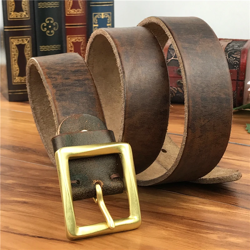 

Brass Belt Buckle Leather Belt Men Vintage Jeans Men Belt Leather Genuine Ceinture Leather Belt For Men Riem Strap MBT0007
