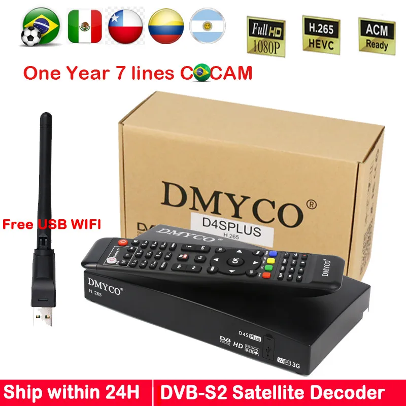 

1 Year Spain Europe 7 code D4S Plus DVB-S2 Digital Satellite Receiver HD Lnb 1080P Wifi H.265 PowerVu BissKey YouTube Decoder