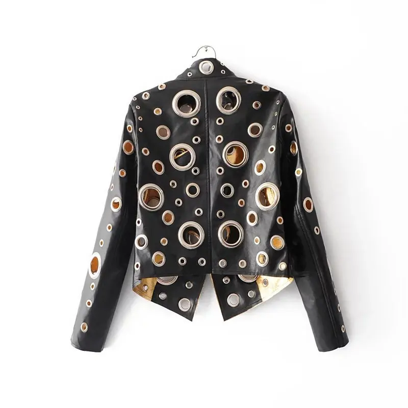 Женская локомотив панк металлическое кольцо полые pu кожаная куртка женская высокое качество осень зима мода мотоциклетная куртка одежда