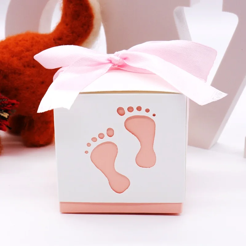 10 шт Детские лапки конфетные коробки мешок для сладостей Baby Shower Footprints на пляже любимая свободная лента для дня рождения свадьбы ребенка подарка - Цвет: pink