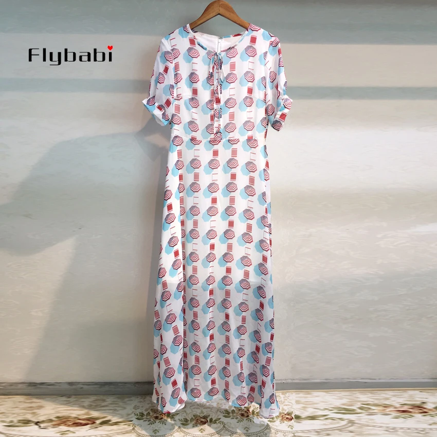 

s to XXL Large size High quality 2019 summer print O-Neck Bow tie full sleeve Mid-Calf Elegant beach holiday dress women