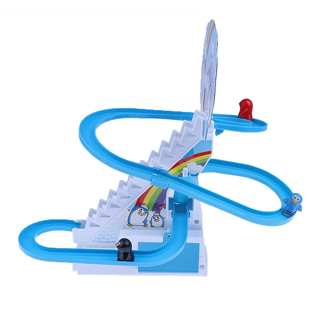 Plastic Blue Electric Climb Stairs Track Toys Track Sliding Toy With Light Music Small Penguin Kids Child Educational Toy Gift 
