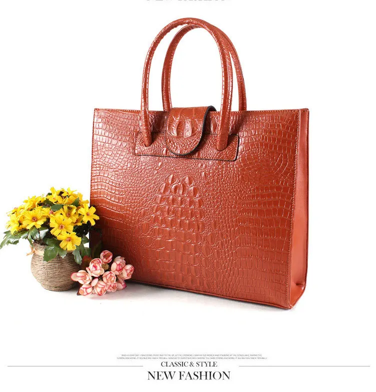 Высококачественная женская сумка из воловьей кожи с крокодиловым узором, женская сумка на плечо из натуральной кожи, сумка для компьютера - Цвет: Оранжевый