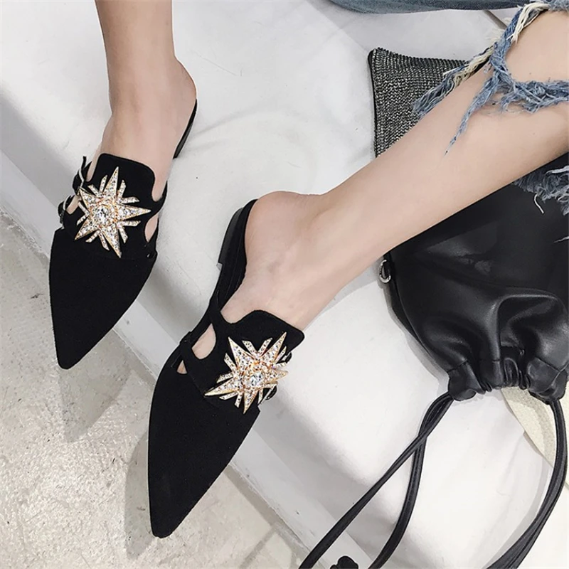 Hanbaidi Rhinestone Pointed Toe Flat heel Slippers women kid suede Cozy Outdoor flip flops mules 