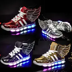 Usb зарядка светодиодный свет крылья мигающий детская обувь для мальчиков кроссовки мальчик и девочка светодиодный обувь тапочки