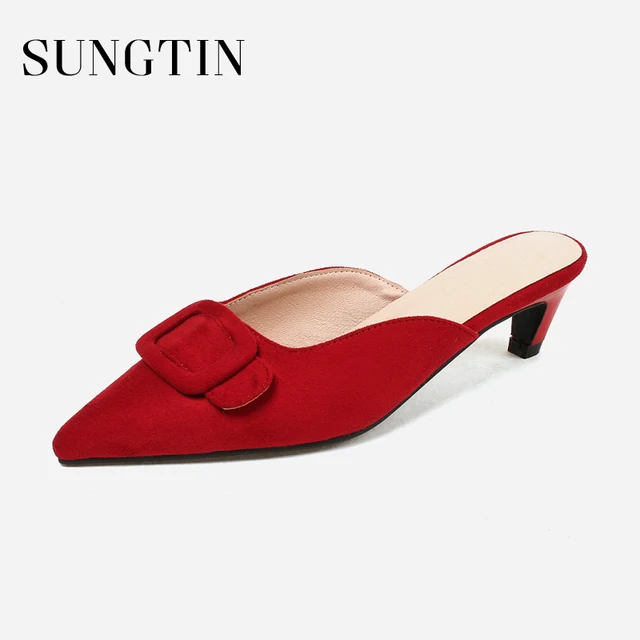 Sungtin Cute Bowknot Slip On Slippers Women Casual Suede Kitten Heel Mules Female Sexy Pointed Toe Summer Slippers Red Big Size