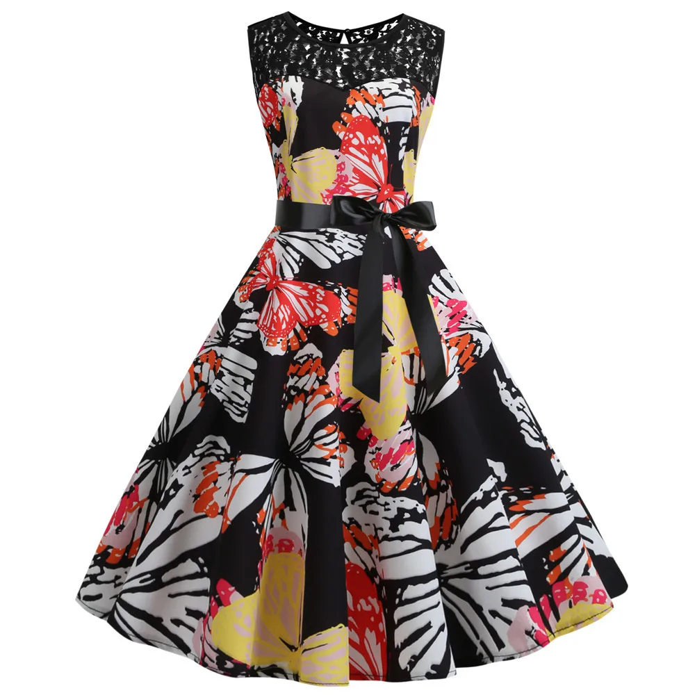 BacklakeGirls Printing Flower Satin Cocktail Dresses Sleeveless Cocktail Dress Colorful Knee Length With Sashes