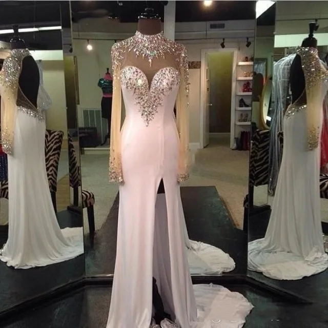 

Split Luxury Dress Chiffon Full Sleeve Long Formal Dresses Crystals Open Back Robe de soiree Abendkleider 2019 Gowns Sexy