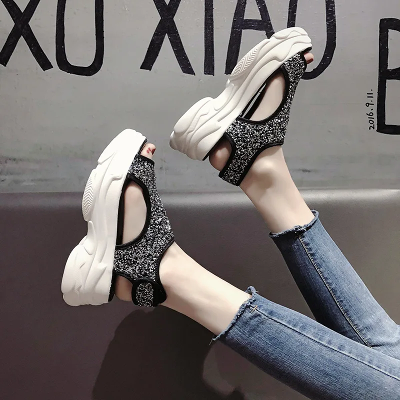 Women Sports Sandals 2019 Woman Platform Glitter Chunky Sandals Shoes Fashion Brand Wedges High 6 cm Blingbling Sandals SP-51 Women Sports Sandals 2019 Woman Platform Glitter Chunky Sandals Shoes Fashion Brand Wedges High 6 cm Blingbling Sandals SP-51