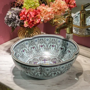 

Europe style chinese wash basin vessel sinks Jingdezhen Art Counter Top ceramic basin sink ceramic art washbasin flower shape