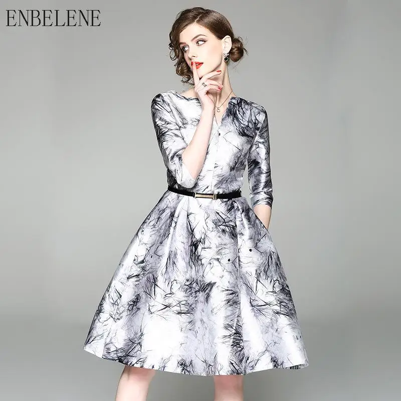 

Plus Size Spring Printing Dress Women Middle Sleeve Dress For Female V-Neck A-line Dress Elegant Silver Dress Office Lady GH106