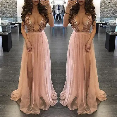 

Women Sexy V Neck Sequins Bridesmaid Formal Gown Ball Party Prom Long Maxi Dress Clubwear