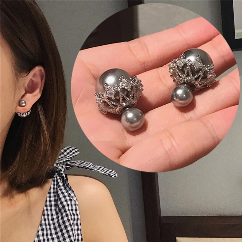 

Korean Fashion S925 Sterling Sliver Stud Earrings Double Sided Gray Simulated Pearl AAA Zircon Earring for Women Wedding Jewelry