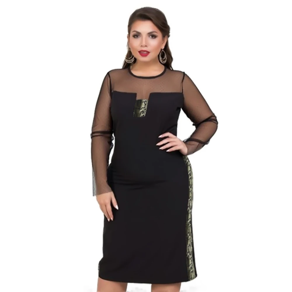 

Wipalo Plus Size Mesh Yarn Stitching Formal Dress Women Spring Autumn Long Sleeve Elegant Party Dress Fashion O Neck Vestidos