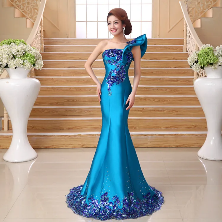 Blue Robe de soiree elegant Blue one shoulder princess mermaid evening dress lace formal vestido de festa prom dresses party dresses - Color: Blue