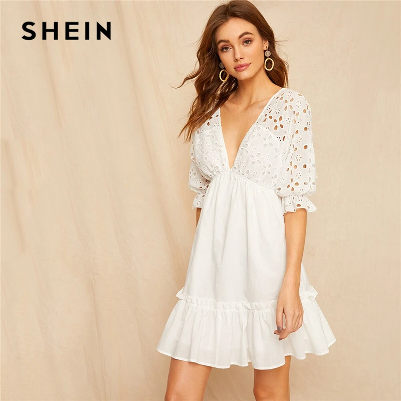 

SHEIN Plunging Neck Tie Back Schiffy Bodice Dress Ruffle Hem Half Sleeve A Line Summer Dress 2019 Deep V Neck Women Dresses