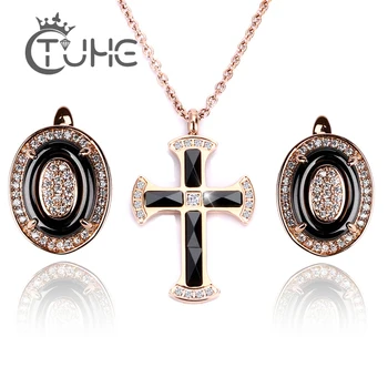 

Luxury Women Jewelry Sets Bling Australia Crystal Rose Gold Cross Pendant Necklace Stud Earrings Made Of Ceramic Stainless Gift